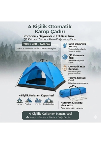 4 Kişilik Otomatik Kamp Çadırı Çift Katmanlı, Suya Dayanıklı, Hızlı Kurulum Outdoor Aile Ve Doğa Ç Çok Renkli