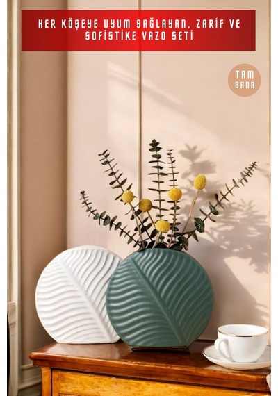 Dekoratif Vazo Seti Obje Ev Dekorasyon Masa Üstü Dekor Vazo Seti Model 29 Yeşil Beyaz Yeşil Beyaz