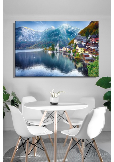 Kanvas Tablo Avusturya Hallstatt Kasabası Manzarası Yatay Salon Tablosu - 4901 Çok Renkli
