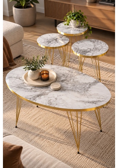 Sulorahome Elips Gold Orta Ve Zigon Sehpa Seti 4 Parça Beyaz Mermer - Siyah