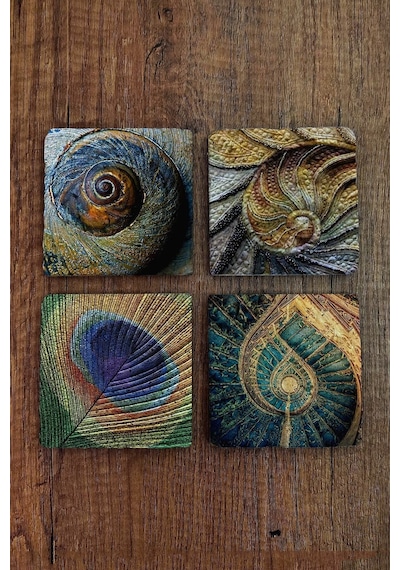 Baskılı Doğal Taş Bardak Altlığı 4'lü Set 10x10x1 Cm Doğal Desenler - Stone Coasters Çok Renkli