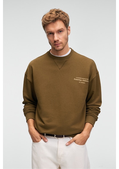 Grımelange CASPIAN Erkek %100 Pamuk Bisiklet Yaka Karyoka Dikişli Baskılı Haki Sweatshirt