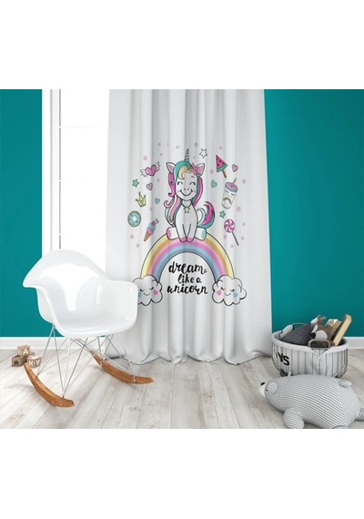 Dijital Baskı Gökkuşağı Ve Unicorn Çocuk Oda Tek Kanat Fon Perde