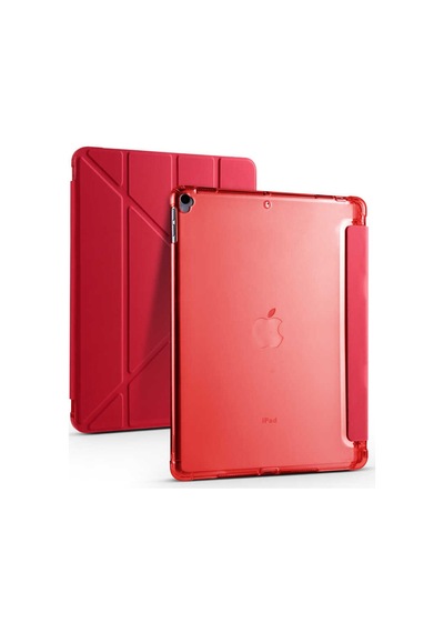 Lexroo İpad 10.2 2021 9.nesil Kılıf Tri Folding Kalem Bölmeli Standlı Kılıf - Kırmızı Silikon