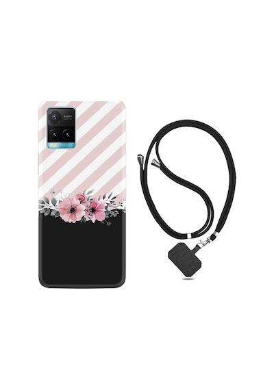 Vivo Y21S Kılıf Boyun Askılı Strip Pink Flowers 1396