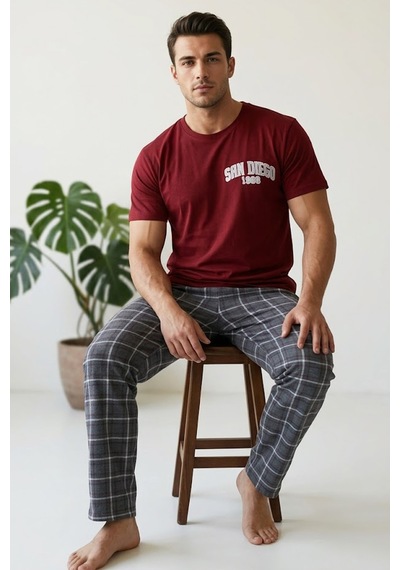 Siyah İnci Desenli Baskılı Örme Kısa Kollu Pijama Takım 8004 Bordo