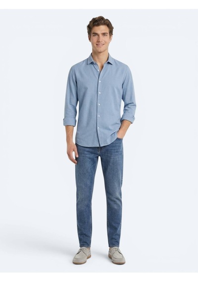 Kip Koyu İndigo Düz Regular Fit Uzun Dokuma Casual Pamuk Karışımlı Gömlek Mavi