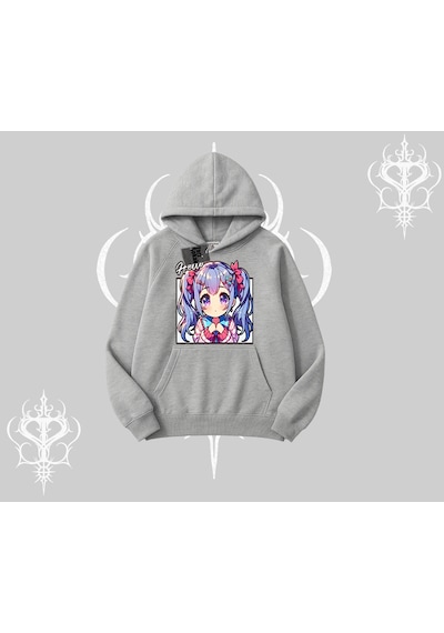Startmore Kapşonlu Sweatshirt Hello Anime Kız Sevimli Karakter Baskılı Gri