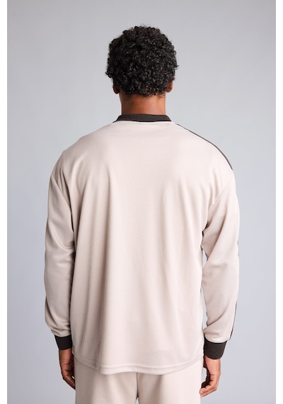 Defacto Oversize Baskılı Şeritli Mesh Forma Kumaş Uzun Kollu Polo Tişört I7099ax26aubg816 Bej-bg816