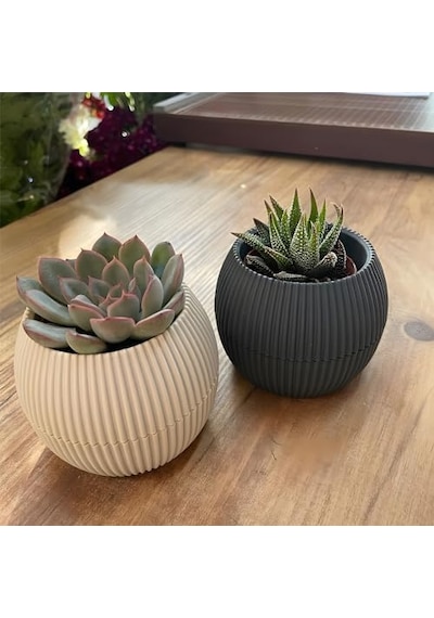 Mercan Saksı Set Dekoratif Drenajlı Çizgili Mat 5 Parça, Gri