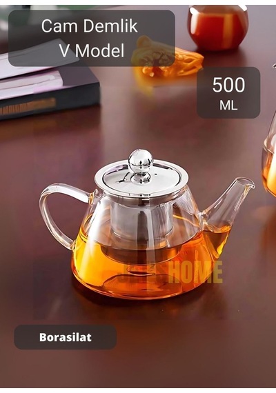Cam Demlik V Model Bitki Çayı Demliği Çelik Süzgeçli Isıya Dayanıklı Borosilikat 500 Ml Şeffaf