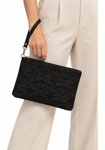Adelina Bags Süet Yıldız Nakış İşlemeli Portföy El Çantası Bilek Askılı Astarlı Süet Clutch Çanta Siyah