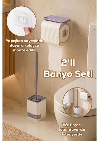 Porsima 2li Banyo Seti Yapışkanlı Banyo Tuvalet Kağıtlığı Tuvalet Fırçası Peçetelik Tuvalet Fırçalığı Beyaz Gri Beyaz - Gri