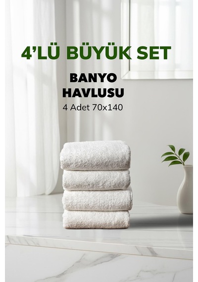 4 Lü Kareli Beyaz Renk Yumuşak Pamuk Banyo Havlu Seti 70x140 Cm