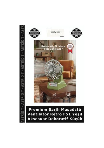 Premium Şarjlı Masaüstü Vantilatör Retro F51 Yeşil Aksesuar Dekoratif Küçük