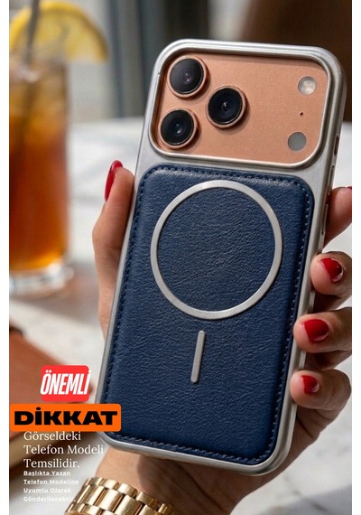 iPhone Uyumlu 13/14 Magsafe Özellikli Arkası Deri Metalik Kenarlı Yumuşak Silikon Telefon Kılıfı Lacivert