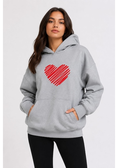 Herkesemoda Kırmızı Kalp Baskılı Kapüşonlu 2 İplik Şardonlu Sweatshirt Gri