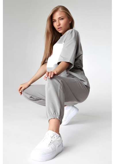 Madmext Mad Girls Boyalı Gri Nakışlı Tişört Mg1421-boyalı Gri