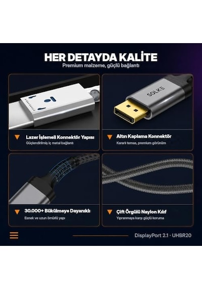 80gbps Displayport 2.1 Kablo 16k 60hz 8k 120hz 4k 240hz Uhbr20 Hdr Dsc 1.2a Örgülü Dp 2.1 Monitör Kablosu 2, 2m, Metre