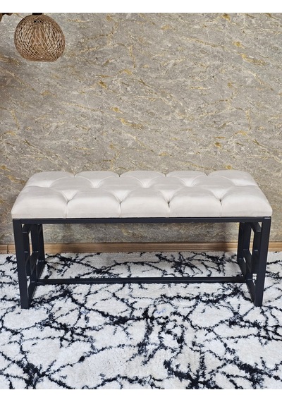 Zafir Siyah Boyalı İçi Kareli Diktörtgen 100 Cm X 40 Cm Oturak Puf - Bench - Makyaj Oturağı - Oturak Krem