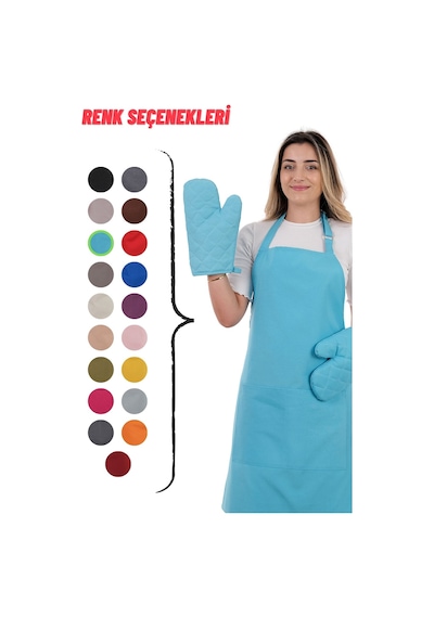 Simple 3lü Set Ayar Askılı Cepli Mutfak Önlüğü Seti 2 Eldiven Şef Garson Kafe Aşçı Barista Açık Mavi