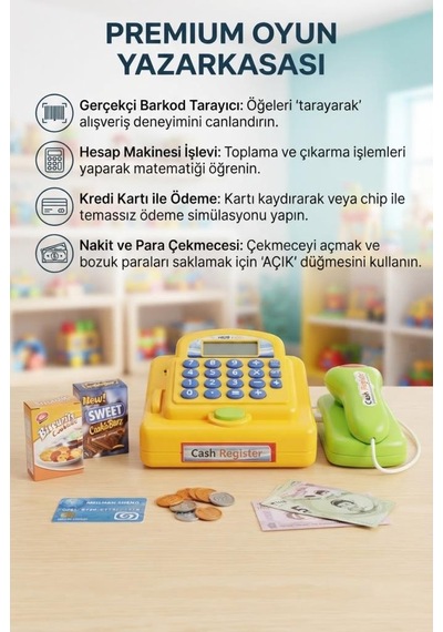 Fonksiyonel Hesap Yapan Sesli Açılır Kasa Kapaklı Haraketli Parçalı Oyuncak Yazar Kasa Seti