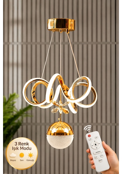 Elda Gold Kaplama 3 Renk Kumandalı Metal Salon Mutfak Oturma Yatak Odası Modern Led Sarkıt Avize