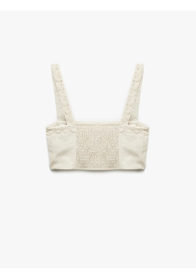 Koton Koton X Melis Ağazat - Astarlı Keten Karışımlı Kolsuz Kare Yaka Çiçekli Askılı Crop Büstiyer Bej 5sak30061uw Ekru