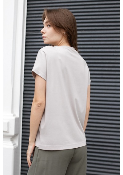 Kadın İpeksi Yumuşak Kumaş Geniş Sıfır Yaka Önü Pencereli Yanları Yırtmaçlı Tshirt Bluz-taş Taş