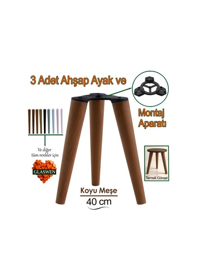 3 Adet Ahşap Ayak 40 Cm Koyu Meşe M8 Civatalı Bağlantı Aparatlı Mobilya Tabure Sehpa Masa Destek Ayağı Koyu Meşe