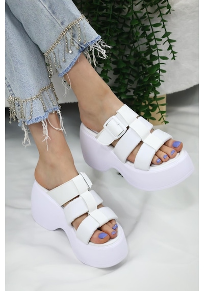 Asmi Shoes Kadın Mikeno Üç Biyeli Toka Detaylı Kalın Taban Ortopedik Terlik Beyaz Beyaz