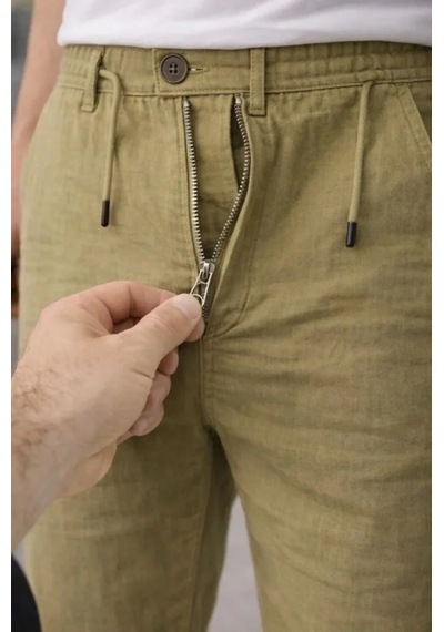 Defymoda Erkek Keten Cepli Pantolon Lastikli Bel Bağcıklı Önden Fermuarlı - Mint Yeşili