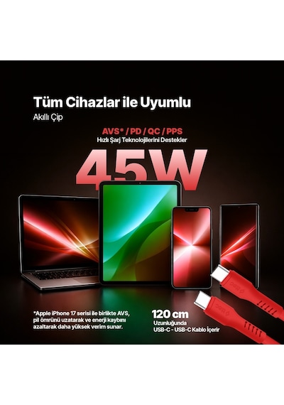 Ttec Smartcharger Gan 45W Avs PD Seyahat Hızlı Şarj Aleti + USB-C - USB-C 3A 120 CM Kablo Neon Kırmızı