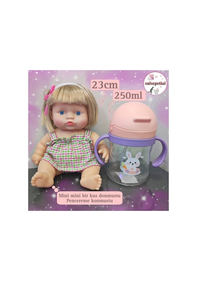 Türkçe Konuşan Şarkı Söyleyen 23cm Et Bebek 250ml Figürlü Pipetli Bebek Matara Biberon 2'li Set Pembe