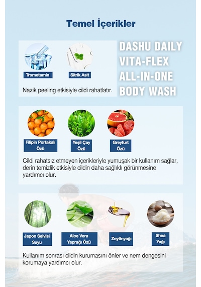 Saç, Yüz Ve Vücut İçin Hepsi Bir Arada Duş Jeli Dashu Daily Vita-flex All In One Body Wash 50ml Narenciye