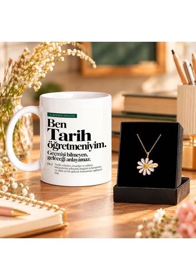 Bk Gift Ben Tarih Öğretmeniyim Tasarımlı Kupa Ve Kişiye Özel İsimli Papatya Kolye Seti Sarı