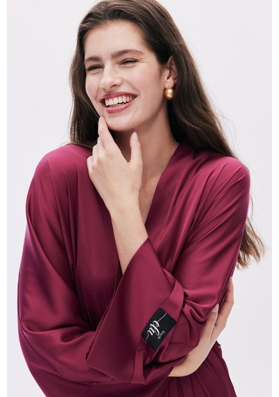 Frappant Bordo Uzun Saten Sabahlık / Kimono Bordo