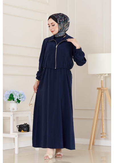 Sevitli Cep Detaylı Cepkenli Ela Elbise-lacivert-5079