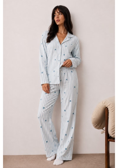 Kadın Düğmeli Kışlık Ev Mavi Pijama Takımı