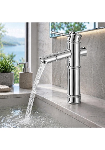Viosa Lüx Premium Krom Bambu Çanak Lavabo Bataryası Çanak Lavabo Uyumlu Parlak Gri Batarya Siyah