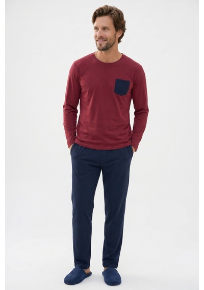 Tudors Erkek Standart Fit Rahat Kesim Uzun Kollu Pamuklu Bordo Lacivert Pijama Takımı-51176