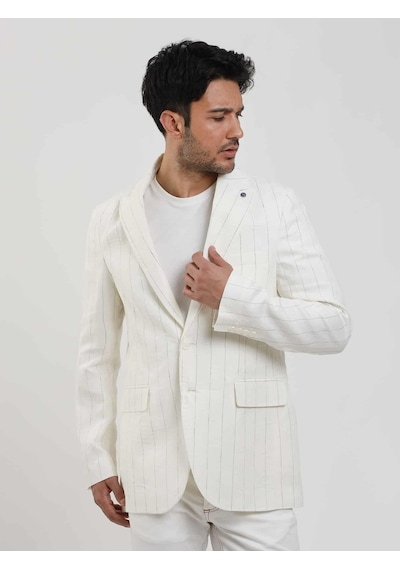 Dufy Ekru Erkek Regular Fit Çizgili Sivri Yaka Keten Ceket - 104438-ekru Ekru