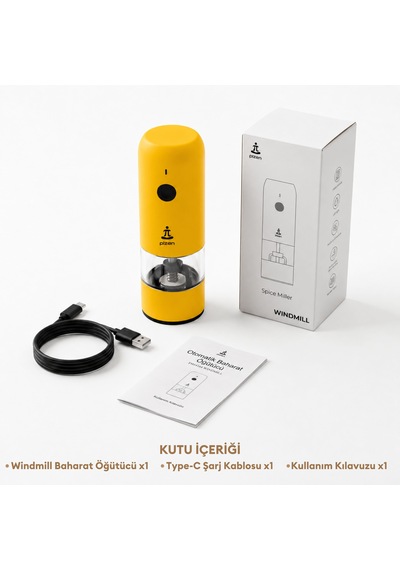 Pizen Windmill Usb Şarjlı Otomatik Baharat Öğütücü Led Işıklı Ayarlanabilir Tuz Karabiber Değirmeni Sarı
