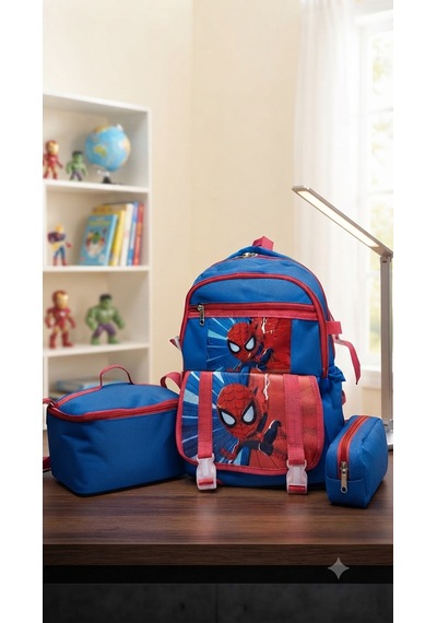 İlkokul 3 Lü Set Karekter Desenli Laptop Bölmeli Kalemlik,beslenme Çantalı Erkek Çocuk Okul Sırt Çantası 41 27 17 Cm Mavi
