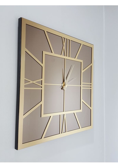 Ayna Denizi Golden Quare Bronze Model Altın Bronz Renk 60 CM x 60 CM Dekoratif Aynalı Duvar Saati Altın
