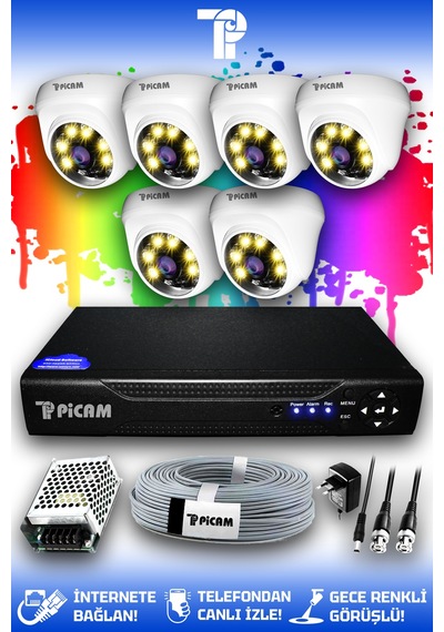 Picam 6 Kameralı Dome 6 İç Kamera Set HDD'siz Full HD Renkli Gece Görüşlü Güvenlik Kamerası Sistemi