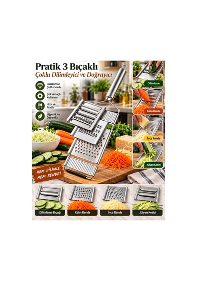 Pratik 3 Bıçaklı Çoklu Dilimleyici Ve Doğrayıcı Paslanmaz Çelik Sebze Rendesi Diğer