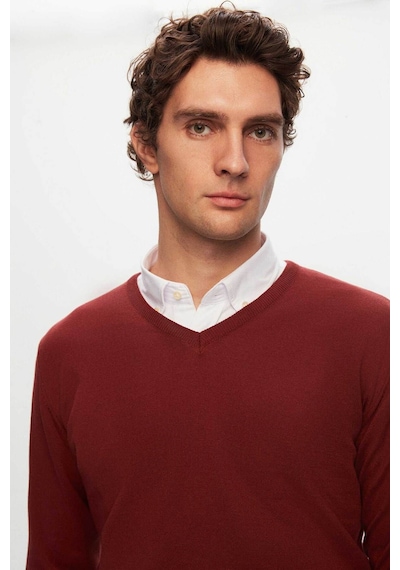 D's Damat Ds Damat Regular Fit Kiremit Düz V Yaka Triko Kazak 5HF06ORT12003 Kiremit