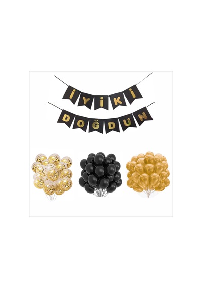 Siyah-gold-şeffaf Balon+banner Seti