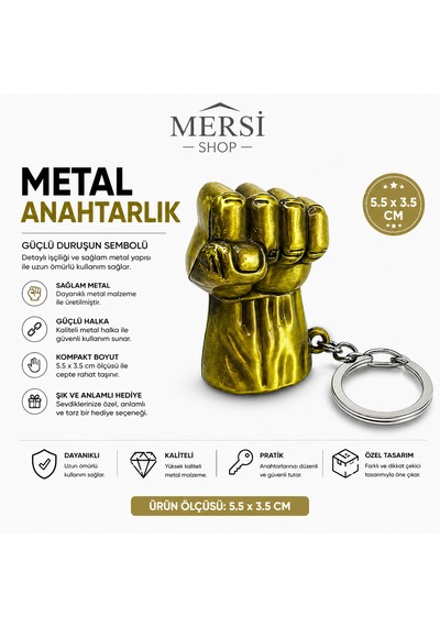 Metal Yumruk Anahtarlık Dayanıklı Şık Tasarım Anahtar Süsü 5.5x3.5 Cm Altın